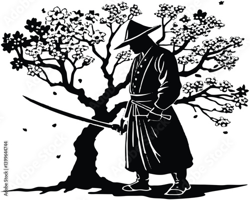 A samurai standing still under cherry blossoms, sword sheathed — calm yet ready, clean silhouette vector with textured background.