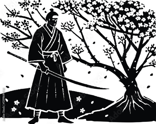A samurai standing still under cherry blossoms, sword sheathed — calm yet ready, clean silhouette vector with textured background.
