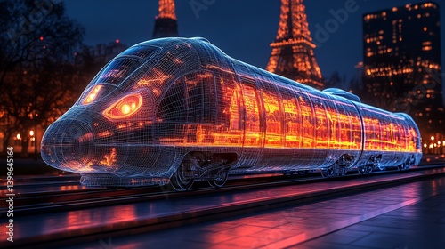 Futuristic Transparent Train Night Cityscape.