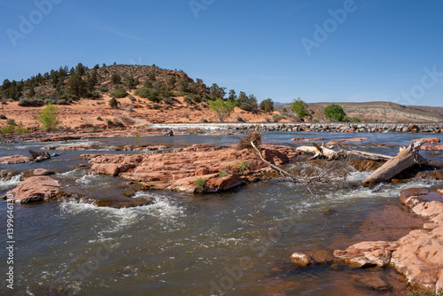 Gunlock Falls, Gunlock State Park, St. George, Utah, USA. Waterfalls, red rocks.	 photo