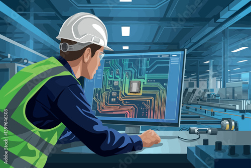 s a focused engineer or technician wearing a white hard hat, safety glasses, and a high-visibility yellow vest