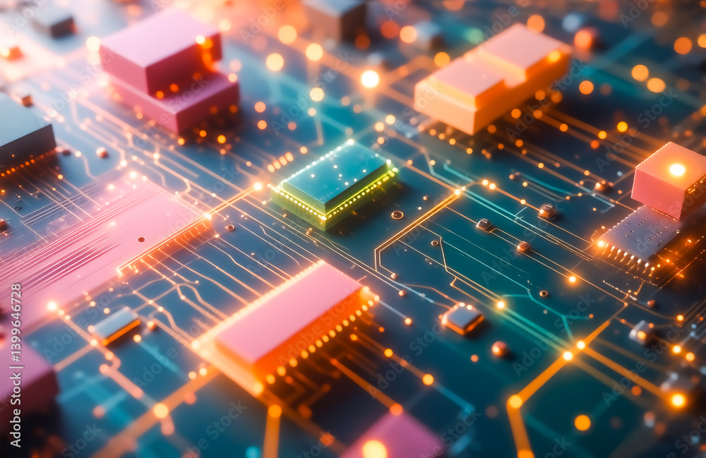 Close-up view of a circuit board with glowing components, showcasing intricate technological details and vibrant colors. The image suggests advanced technology and innovation. Close-up view of a circuit board with glowing components, showcasing intricate technological details and vibrant colors. The image suggests advanced technology and innovation.