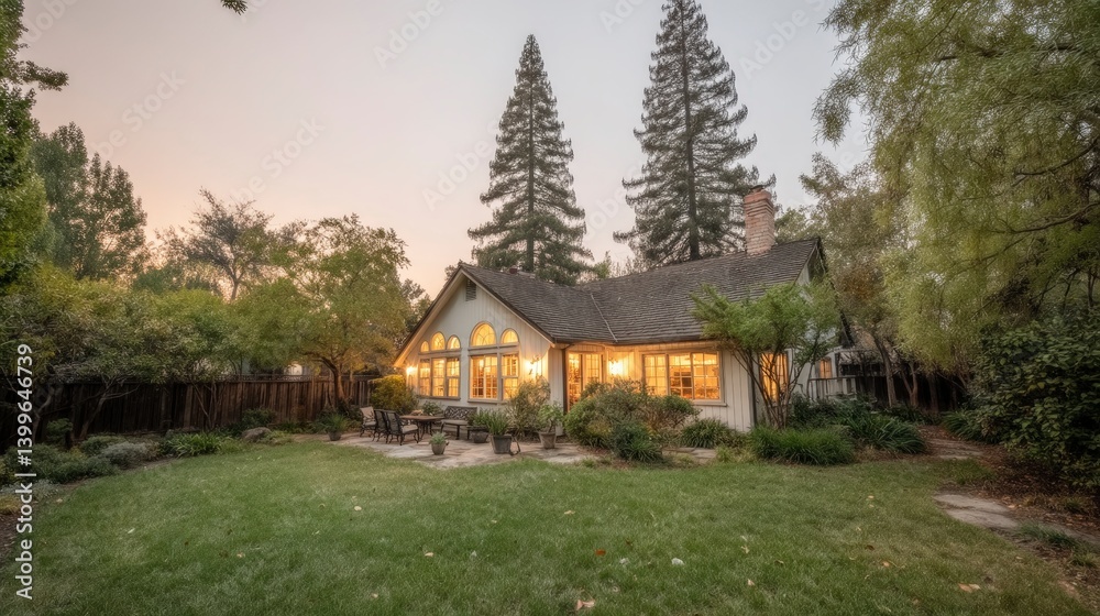 Luxurious Home Exterior Dusk Illuminated Windows Patio Garden Backyard Luxurious Home Exterior Dusk Illuminated Windows Patio Garden Backyard