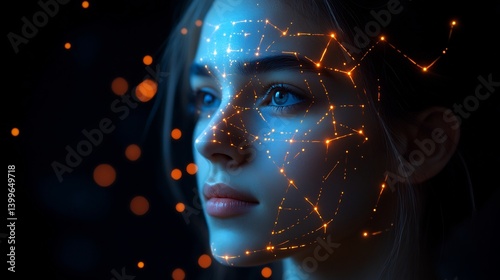Futuristic Face Scan with Woman, Technology, and Portrait.