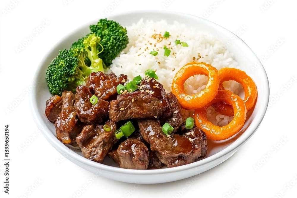 Delicious Teriyaki Beef with Rice, Broccoli, and Onion Rings – Perfect Asian-Inspired Meal Delicious Teriyaki Beef with Rice, Broccoli, and Onion Rings – Perfect Asian-Inspired Meal