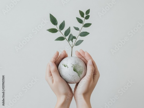 Hands holding a miniature globe with a small plant growing from it, symbolizing environmental protection and sustainability