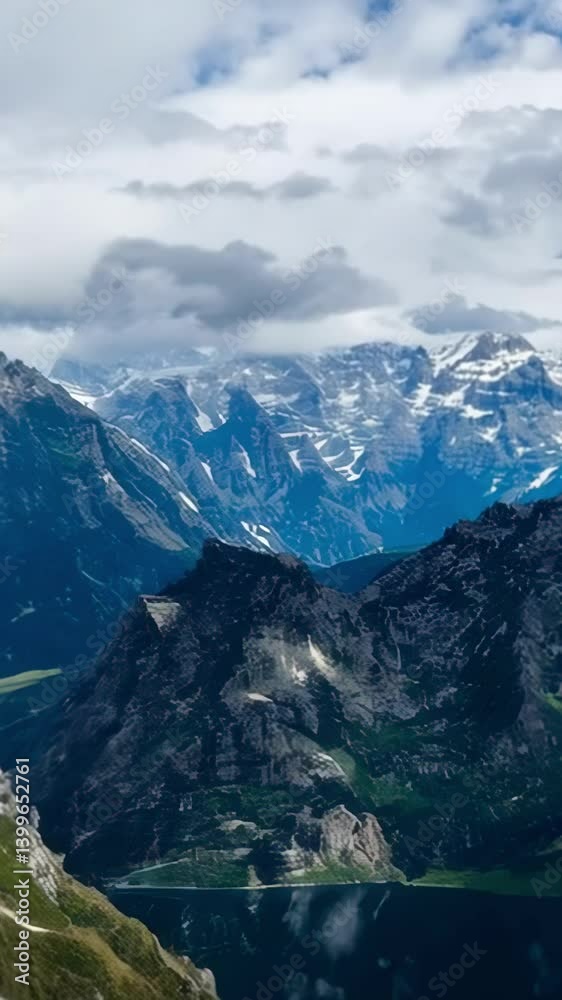 Snow-capped mountains rise majestically under a cloudy sky in the breathtaking landscape Snow-capped mountains rise majestically under a cloudy sky in the breathtaking landscape