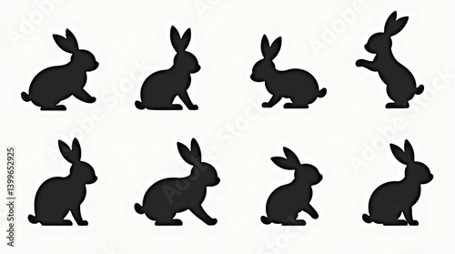 Simple black silhouette rabbits in various poses on white background