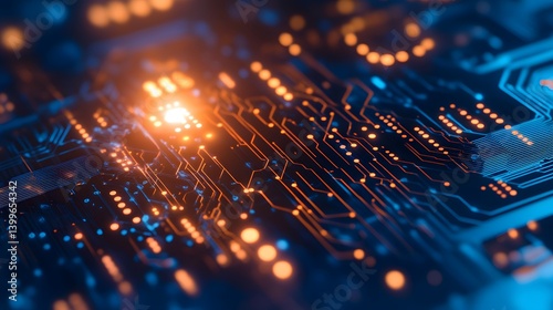 Futuristic Digital Interface with Glowing Elements – Abstract High-Tech Cyber Network and Blurry Data Processing Background