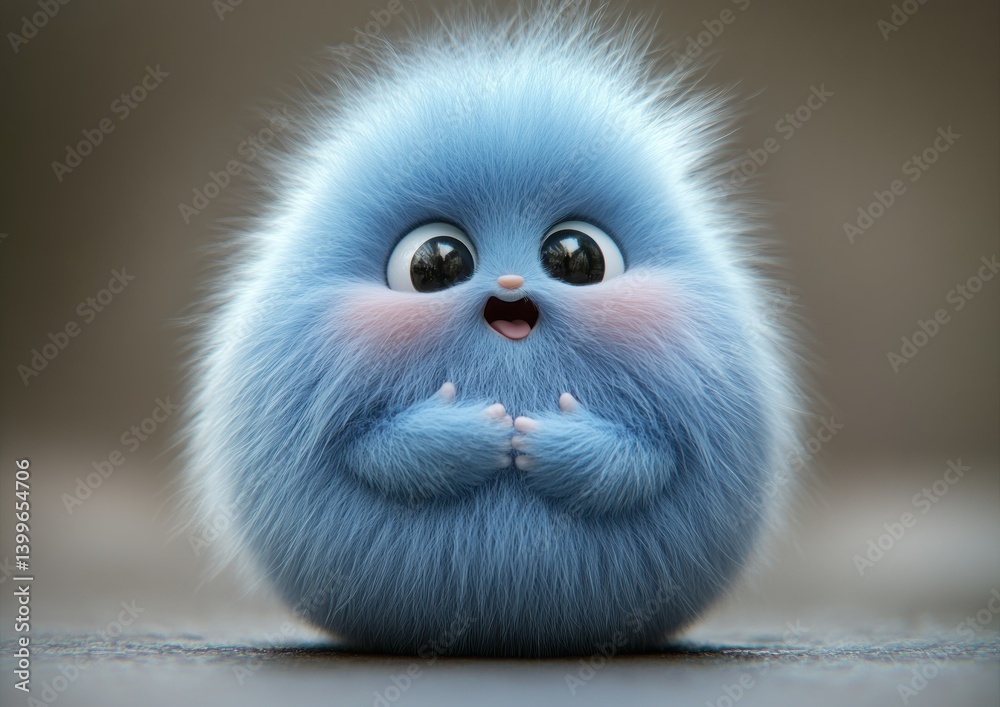 Cute fluffy blue ball creature joyfully sitting on a surface against a soft background. Possible use children's book illustration, cartoon, or digital art Cute fluffy blue ball creature joyfully sitting on a surface against a soft background. Possible use children's book illustration, cartoon, or digital art