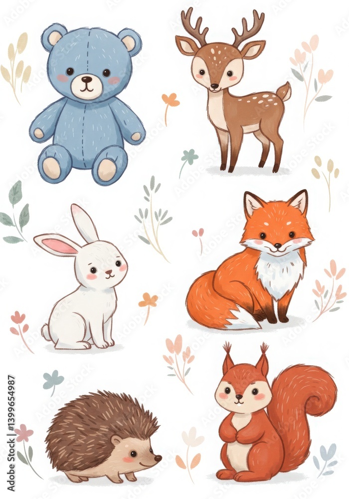 Fototapeta Cute cartoon woodland animals like deer fox rabbit and hedgehog in playful poses for children art
