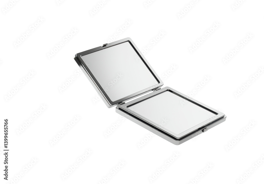 A horizontally floating compact mirror on solid white background A horizontally floating compact mirror on solid white background