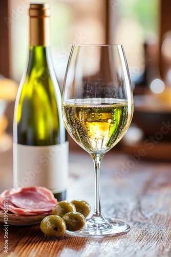Deliciosas tapas españolas con jamón y vino blanco en un ambiente acogedor photo
