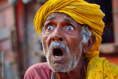 An elderly Indian man's reaction is one of shock, as he responds to an unexpected occurrence, his eyes widening, and mouth hanging open in disbelief