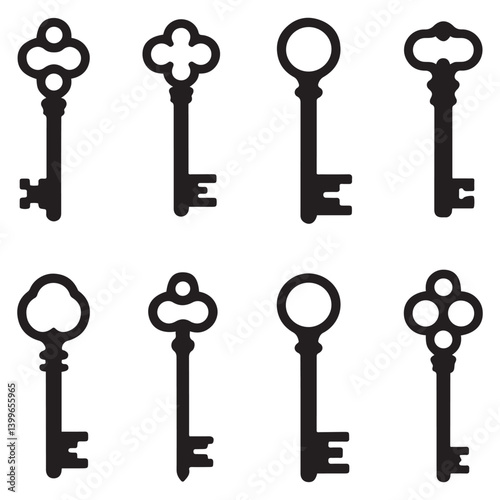 Antique key Vector Black silhouettes. Medieval and modern keys, vintage shapes set. Open door symbols, privacy and escape. Abstract tidy elements. with white background