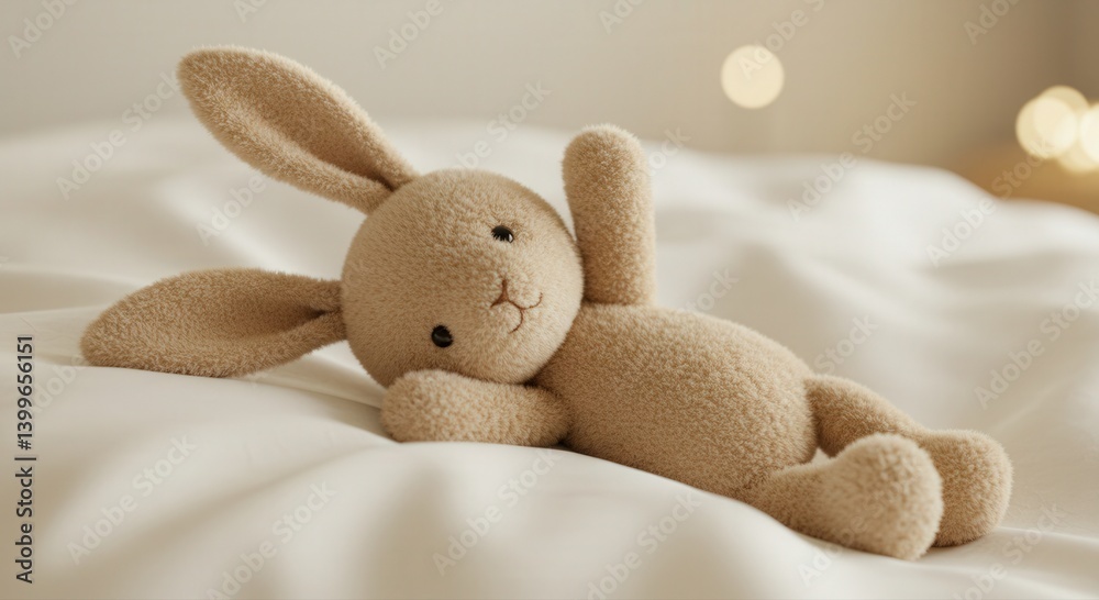 Fototapeta premium Cute stuffed bunny relaxing on soft bedding 