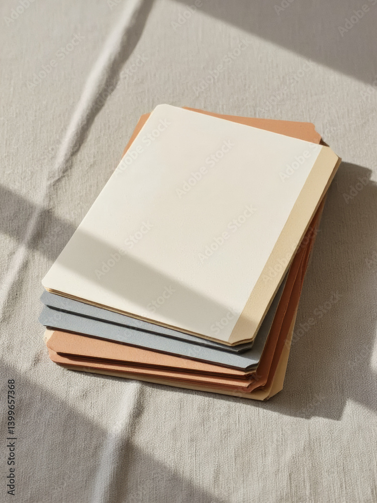 Fototapeta premium Everyday objects - for downstream advertisement and design: A stack of blank, rectangular cards in muted earthy tones rests on a textured linen surface, bathed in soft sunlight.