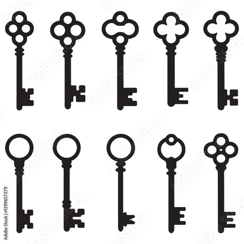 Antique key Vector Black silhouettes. Medieval and modern keys, vintage shapes set. Open door symbols, privacy and escape. Abstract tidy elements. with white background
