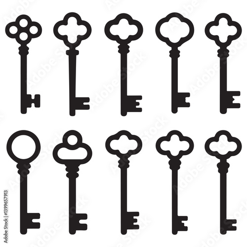Antique key Vector Black silhouettes. Medieval and modern keys, vintage shapes set. Open door symbols, privacy and escape. Abstract tidy elements. with white background