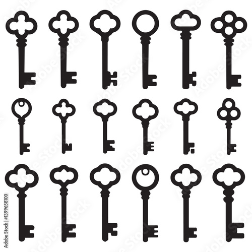 Antique key Vector Black silhouettes. Medieval and modern keys, vintage shapes set. Open door symbols, privacy and escape. Abstract tidy elements. with white background