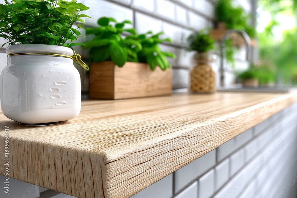 Superficie de madera clara vacía con plantas decorativas en un ambiente luminoso y acogedor