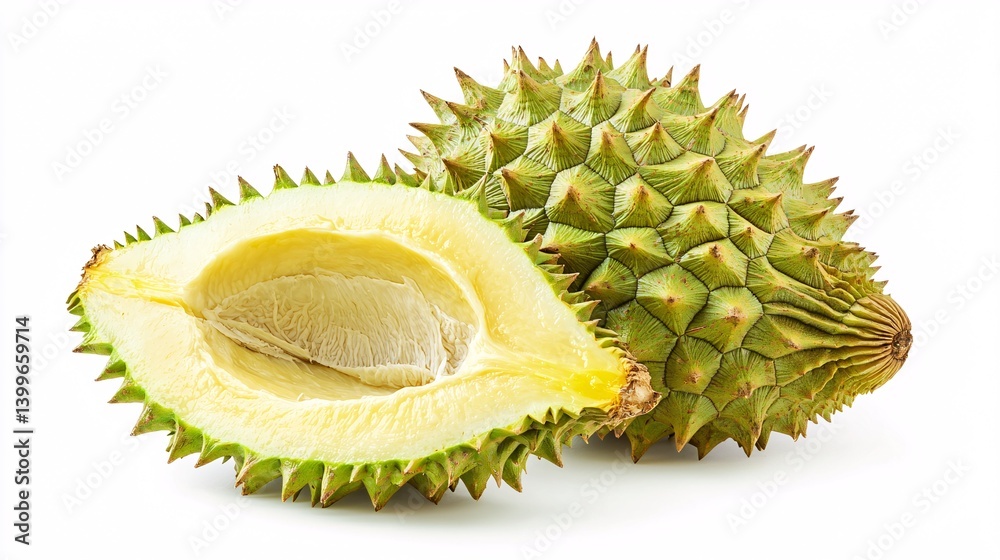 Fototapeta premium Fresh Durian Fruit Halves on White Background for Culinary Use