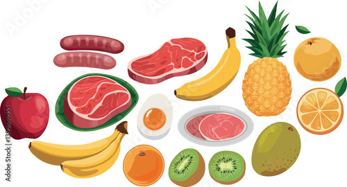  a vibrant vector illustration displaying a diverse assortment of various food items, isolated on a white background.