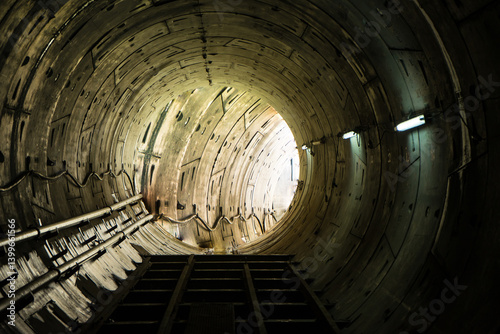 Fototapeta Naklejka Na Ścianę i Meble -  Soft focus and blurred lighting background of Underground tunnel infrastructure. Transport pipeline by Tunnel Boring Machine for electric train subway .
Light at the end of the tunnel
