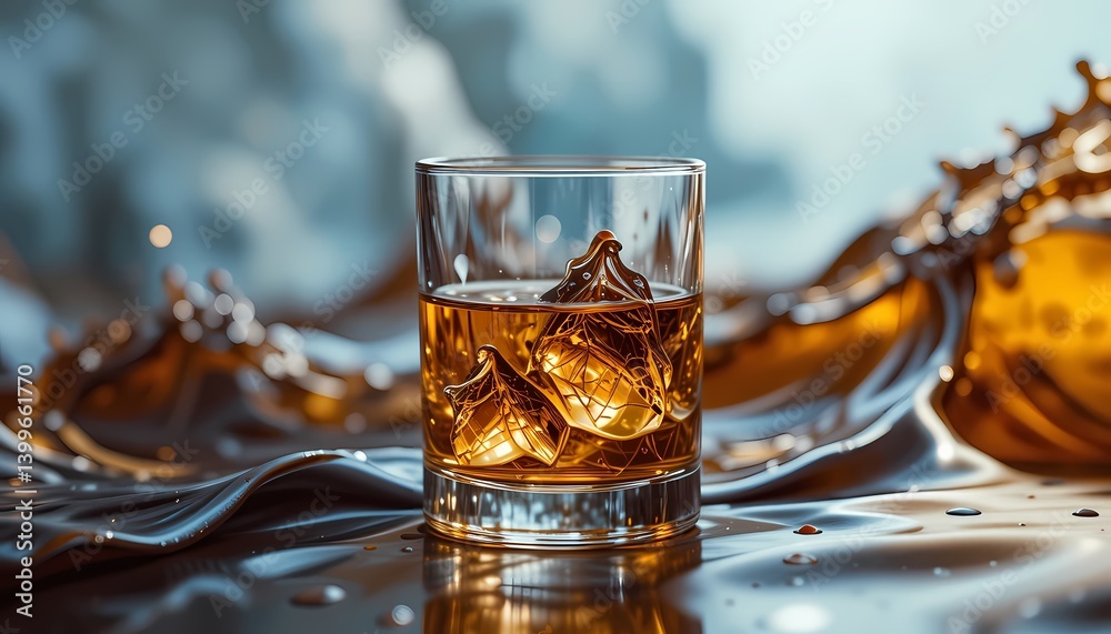 glass of whiskey with ice cubes and liquid splashes in motion