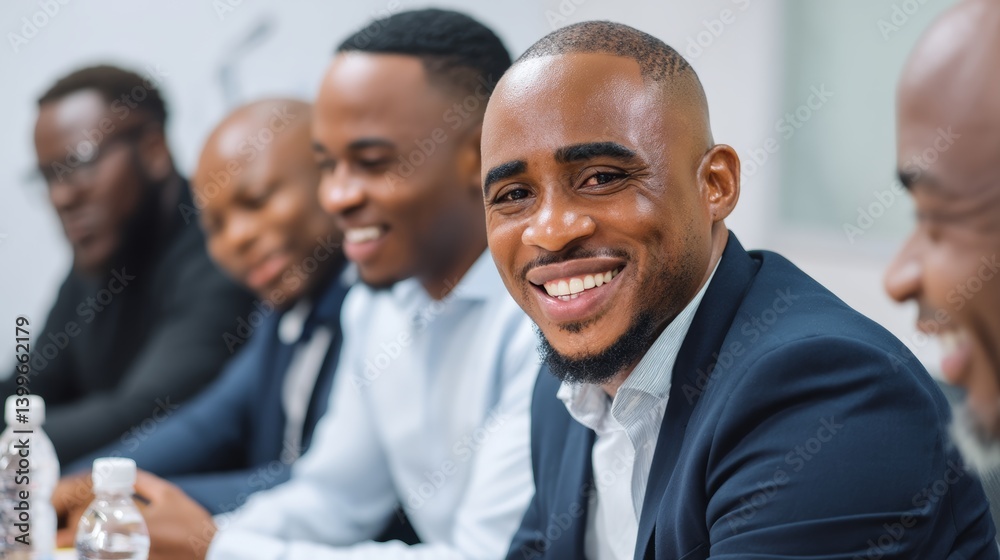 Group of men are sitting around a table, one of whom is smiling. Scene is friendly and positive, as the men appear to be enjoying each other's company Group of men are sitting around a table, one of whom is smiling. Scene is friendly and positive, as the men appear to be enjoying each other's company