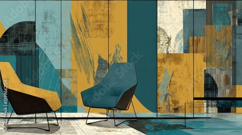 Modern Abstract Art Wallpaper  Teal   Gold Interior Design  Lounge Chairs