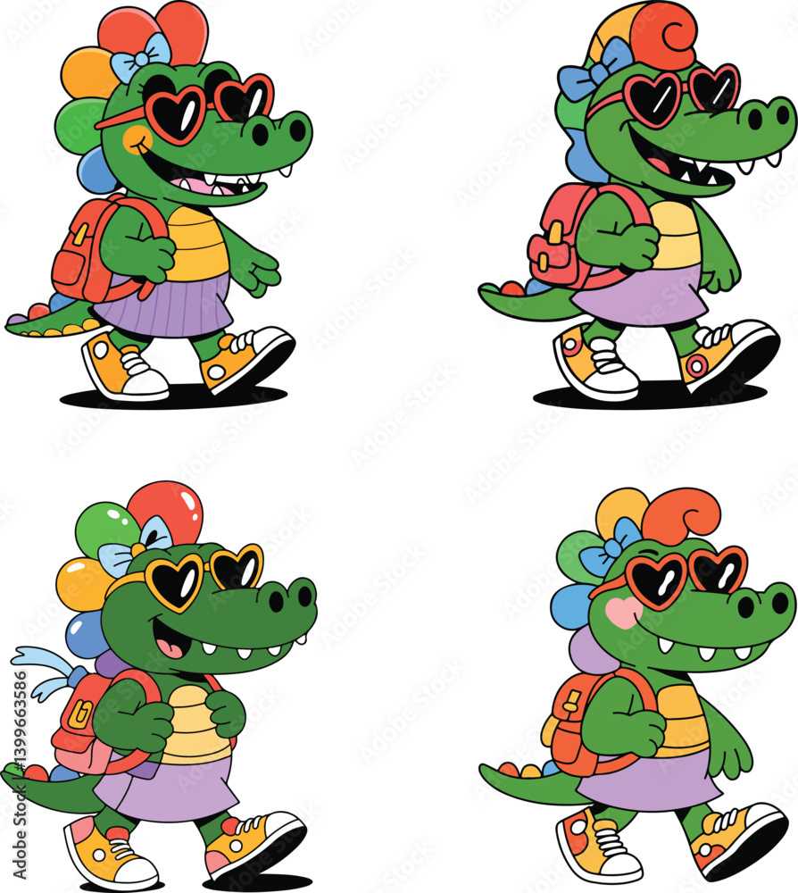 Fototapeta premium Cute and Funny Cartoon Alligator Back to School Character Clipart Vector Set