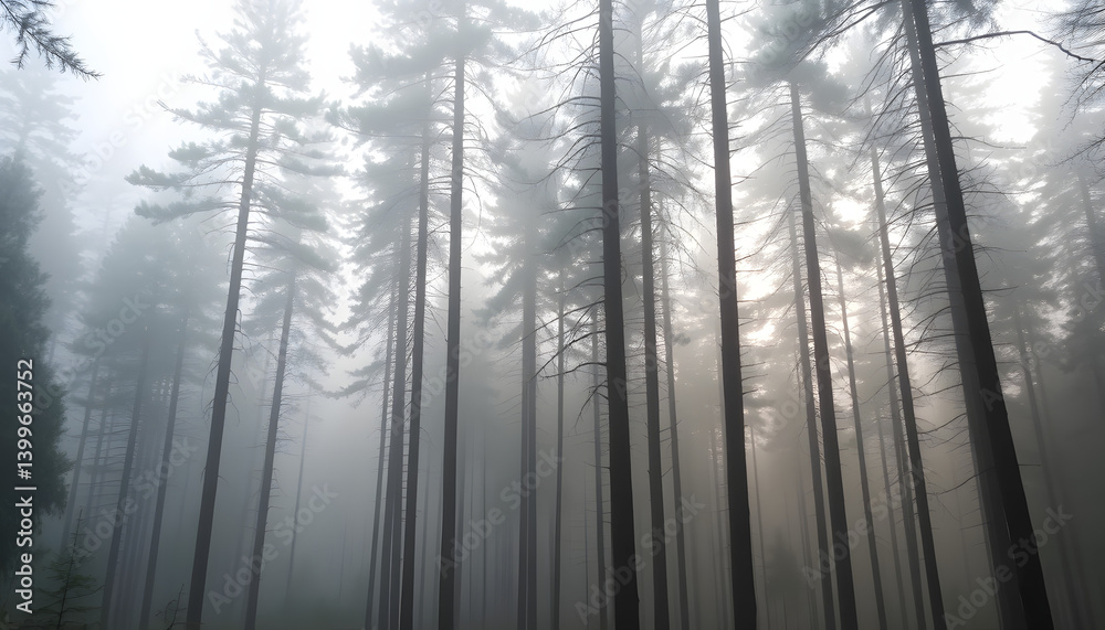 Fototapeta premium Misty Morning in a Pine Forest with Sunlight Rays