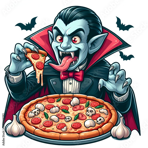 Funny Cartoon Dracula Eating Pizza with Garlic and Bats in Halloween Style