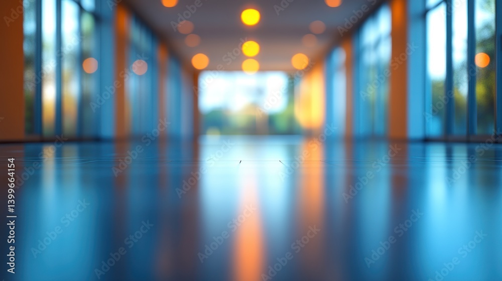 Empty modern office hallway, blurred background, natural light Empty modern office hallway, blurred background, natural light