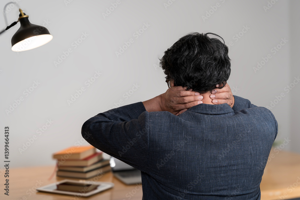 Neck ache concept. Young man sitting at office desk feeling hurt having pain in his neck. Neck ache concept. Young man sitting at office desk feeling hurt having pain in his neck.