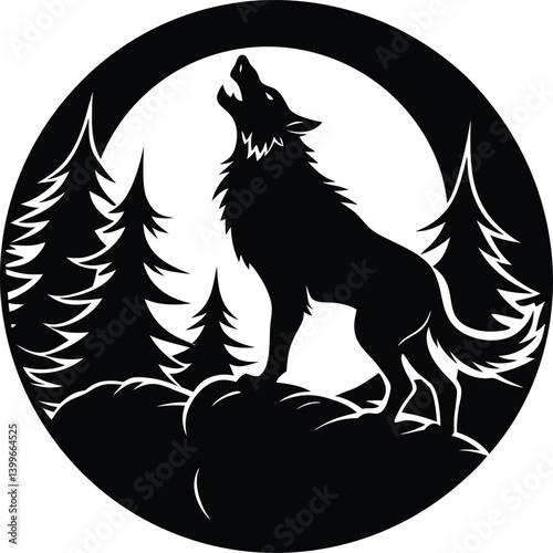 Werewolf Howling Round Silhouette Vector | Full Moon Wolf Design for Horror and Fantasy Projects