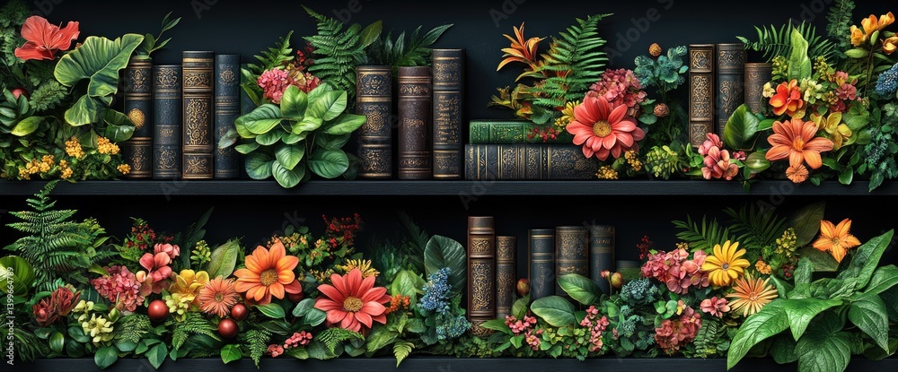 Fototapeta premium Bookshelves covered with foliage and vibrant flowers creating an interesting, decorative, and organic pattern