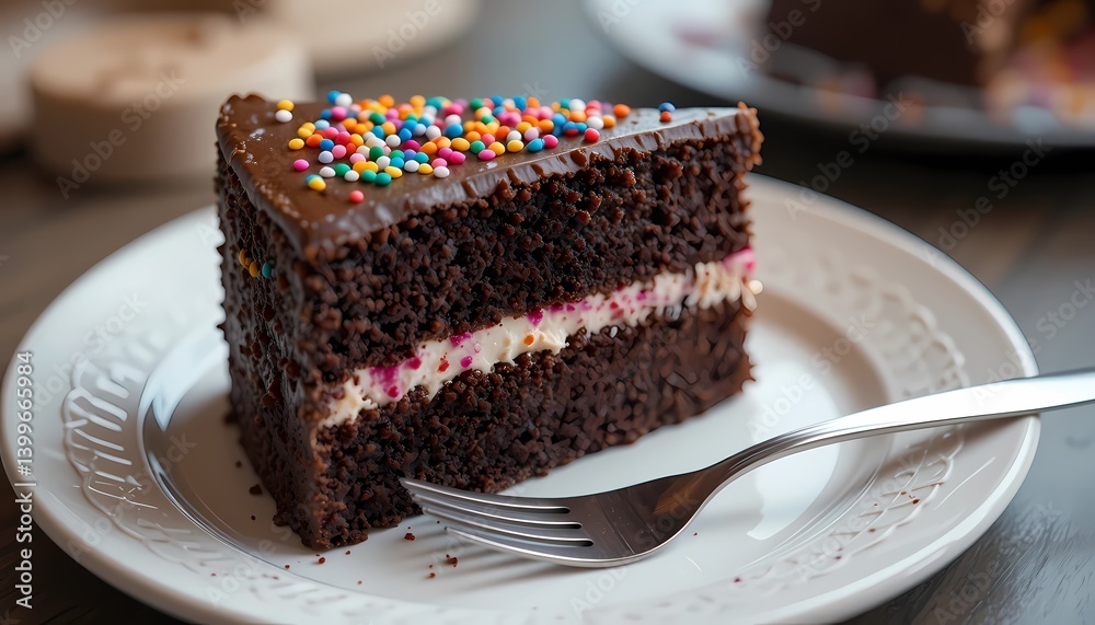 chocolate sponge cake slice with cream, raspberry filling, and sprinkles