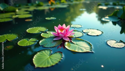 Intricate floral pattern formed by floating water plants on a calm lake , vibrant, pink, beauty