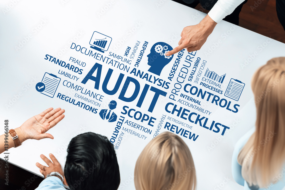 Engaging visual representation of the audit process highlighting key concepts such as compliance, controls, and documentation standards essential for effective evaluation and risk management. Amity