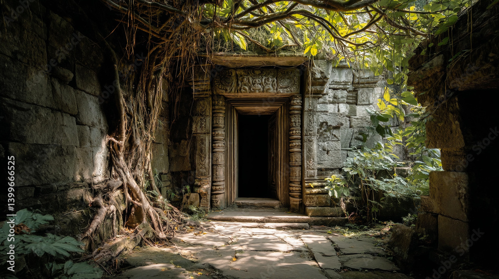 Naklejka premium Ancient Stone Doorway Surrounded by Lush Green Vegetation and Moss
