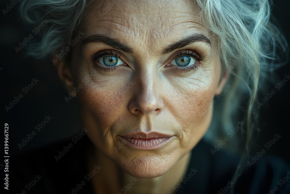 A close up of a woman with blue eyes looking at the camera A close up of a woman with blue eyes looking at the camera