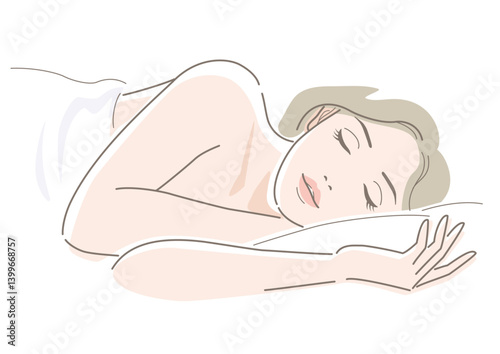 Young woman sleeping on the bed linen. Vector illustration in line drawing, isolated on white background.