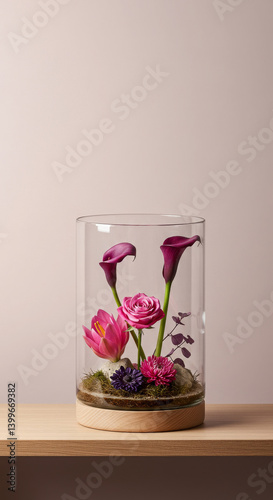 A mini flower garden in a modern glass florarium. A spectacular terrarium for flowers as an original gift.An ideal interior decoration that creates an atmosphere of tenderness.