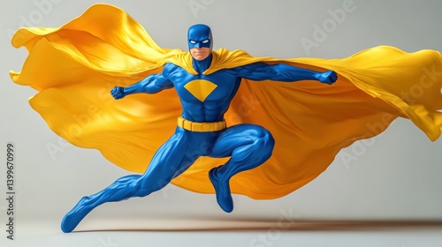 Superhero in flight, vibrant blue suit, yellow cape, studio backdrop