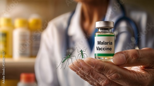 Doctor holding malaria vaccine with mosquitoes in a laboratory setting