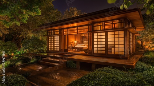 Wooden Japanese-style house at night in garden.  Possible use Stock photo