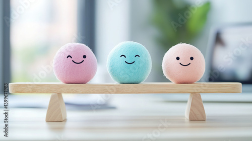 Balanced scale with stress balls and relaxation symbols, symbolizing emotional regulation and mental well-being