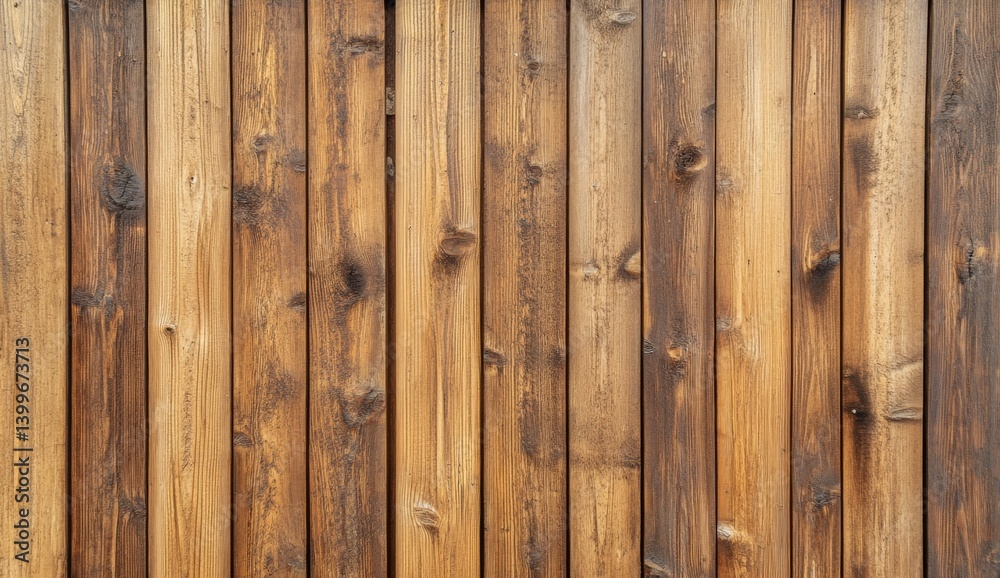 Naklejka premium Rustic wooden wall panels. Close-up view of weathered, vertical planks. Natural wood grain and tones